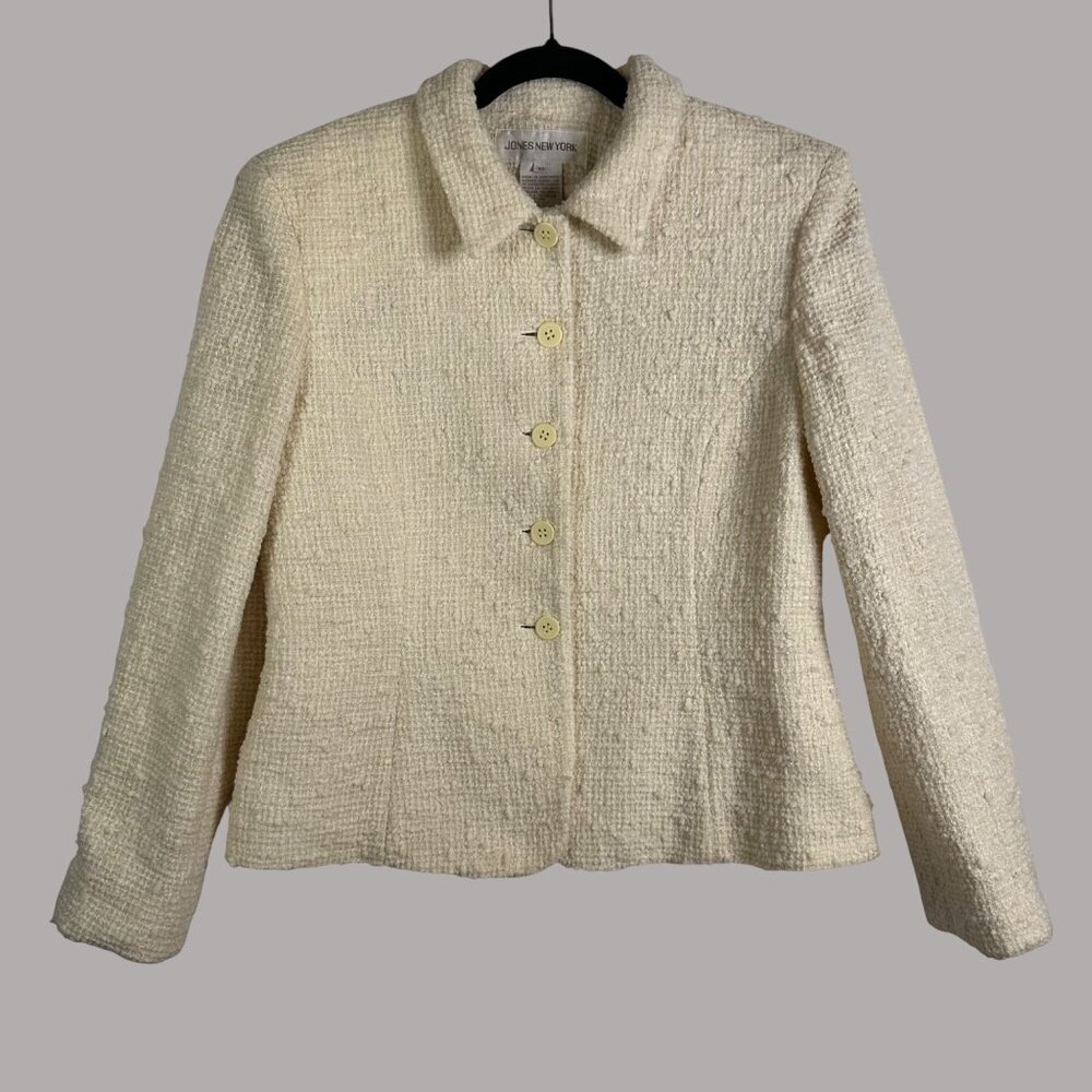 VTG Jones New York Timeless Wool Blend Cream Textured Blazer Jacket W Sz 12 NWT